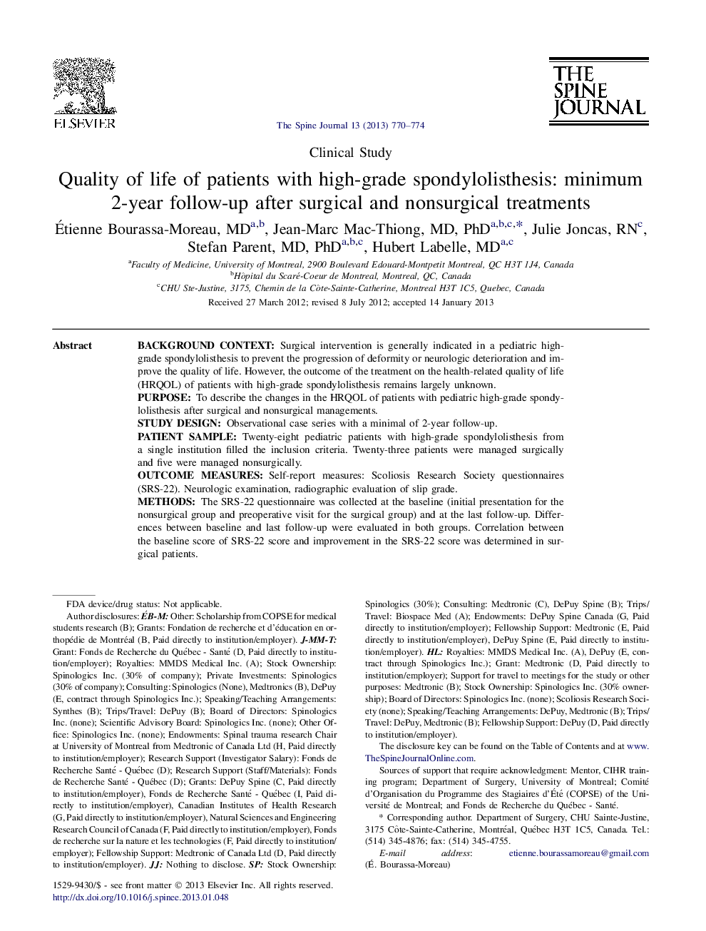 Quality of life of patients with high-grade spondylolisthesis: minimum 2-year follow-up after surgical and nonsurgical treatments