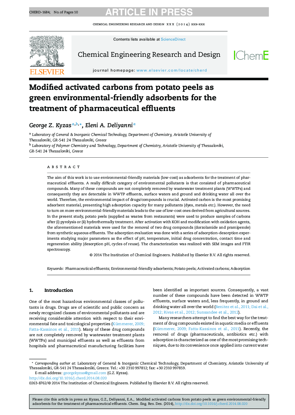 Modified activated carbons from potato peels as green environmental-friendly adsorbents for the treatment of pharmaceutical effluents