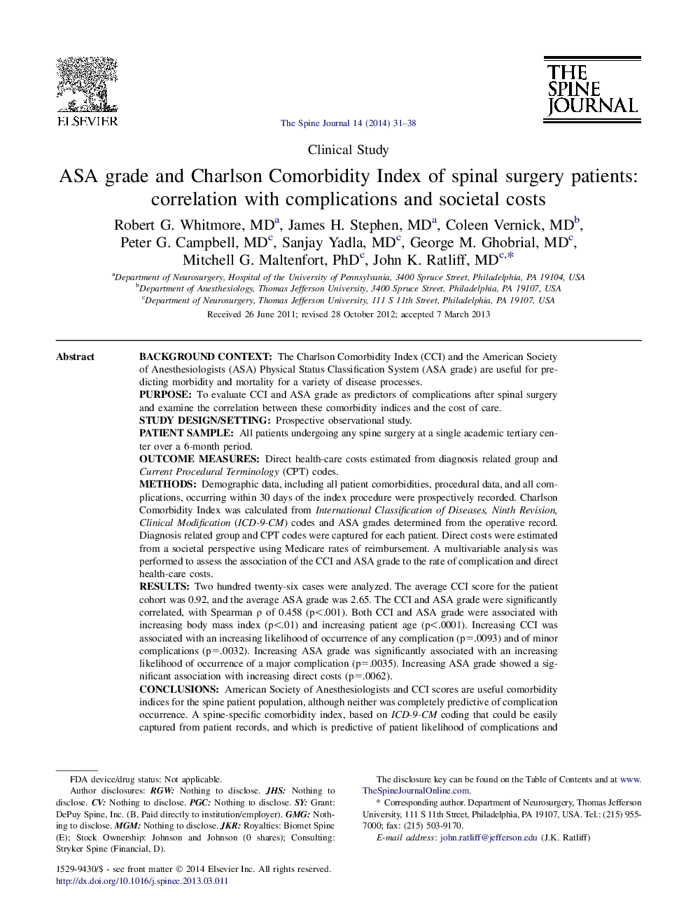 ASA grade and Charlson Comorbidity Index of spinal surgery patients: correlation with complications and societal costs