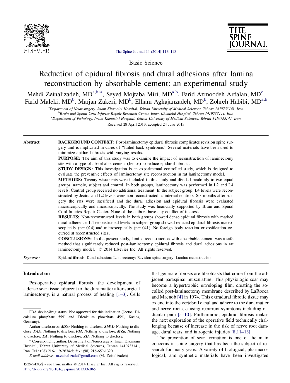 Reduction of epidural fibrosis and dural adhesions after lamina reconstruction by absorbable cement: an experimental study