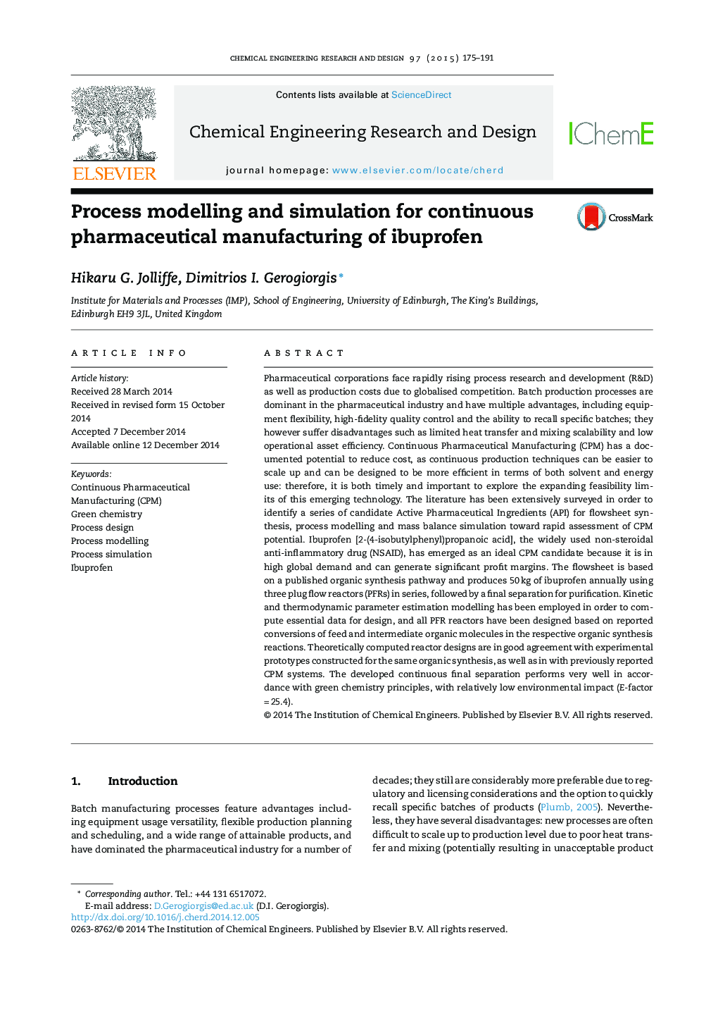 Process modelling and simulation for continuous pharmaceutical manufacturing of ibuprofen