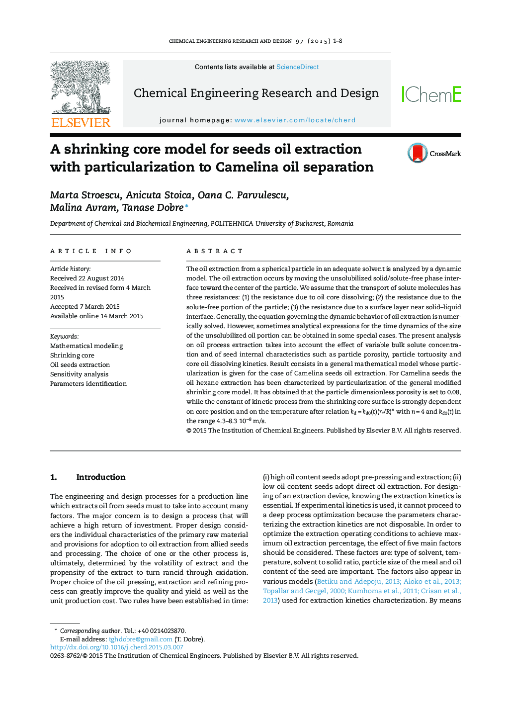 A shrinking core model for seeds oil extraction with particularization to Camelina oil separation