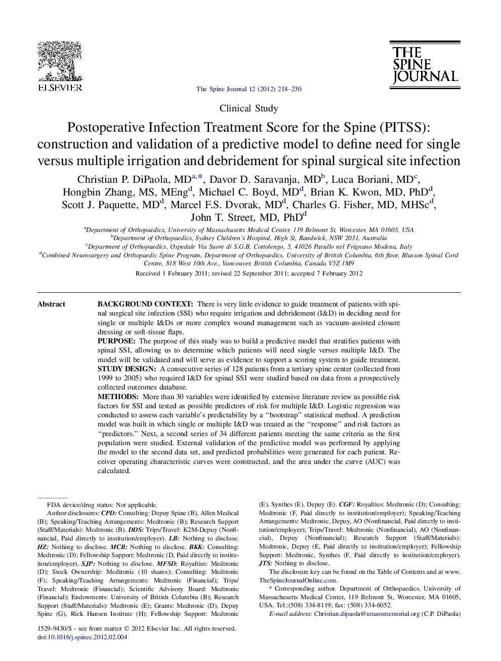 Postoperative Infection Treatment Score for the Spine (PITSS): construction and validation of a predictive model to define need for single versus multiple irrigation and debridement for spinal surgical site infection