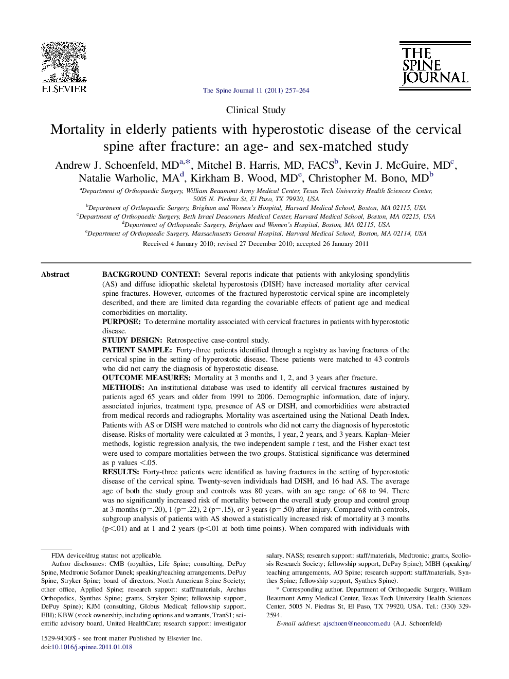 Mortality in elderly patients with hyperostotic disease of the cervical spine after fracture: an age- and sex-matched study