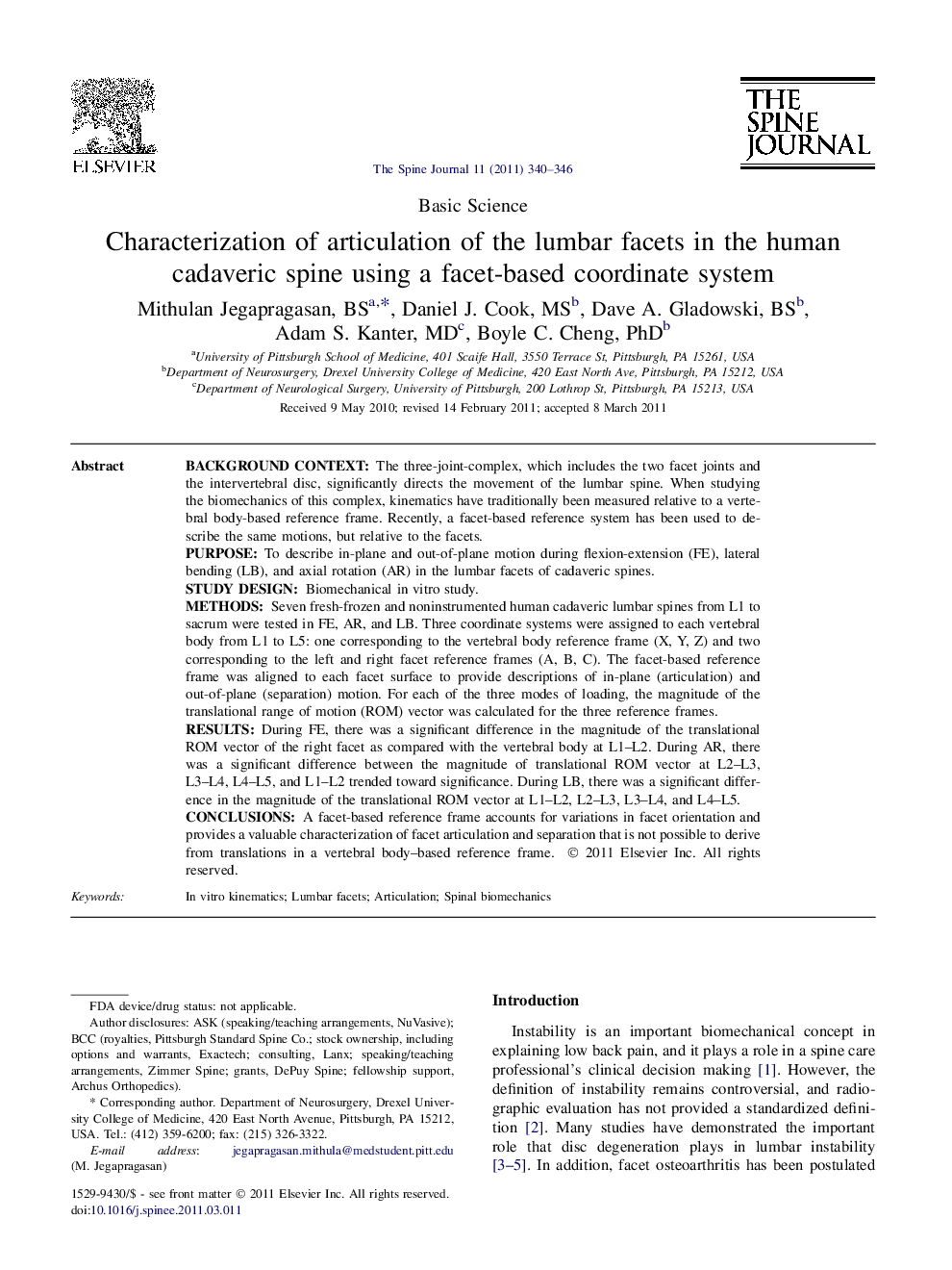 Characterization of articulation of the lumbar facets in the human cadaveric spine using a facet-based coordinate system