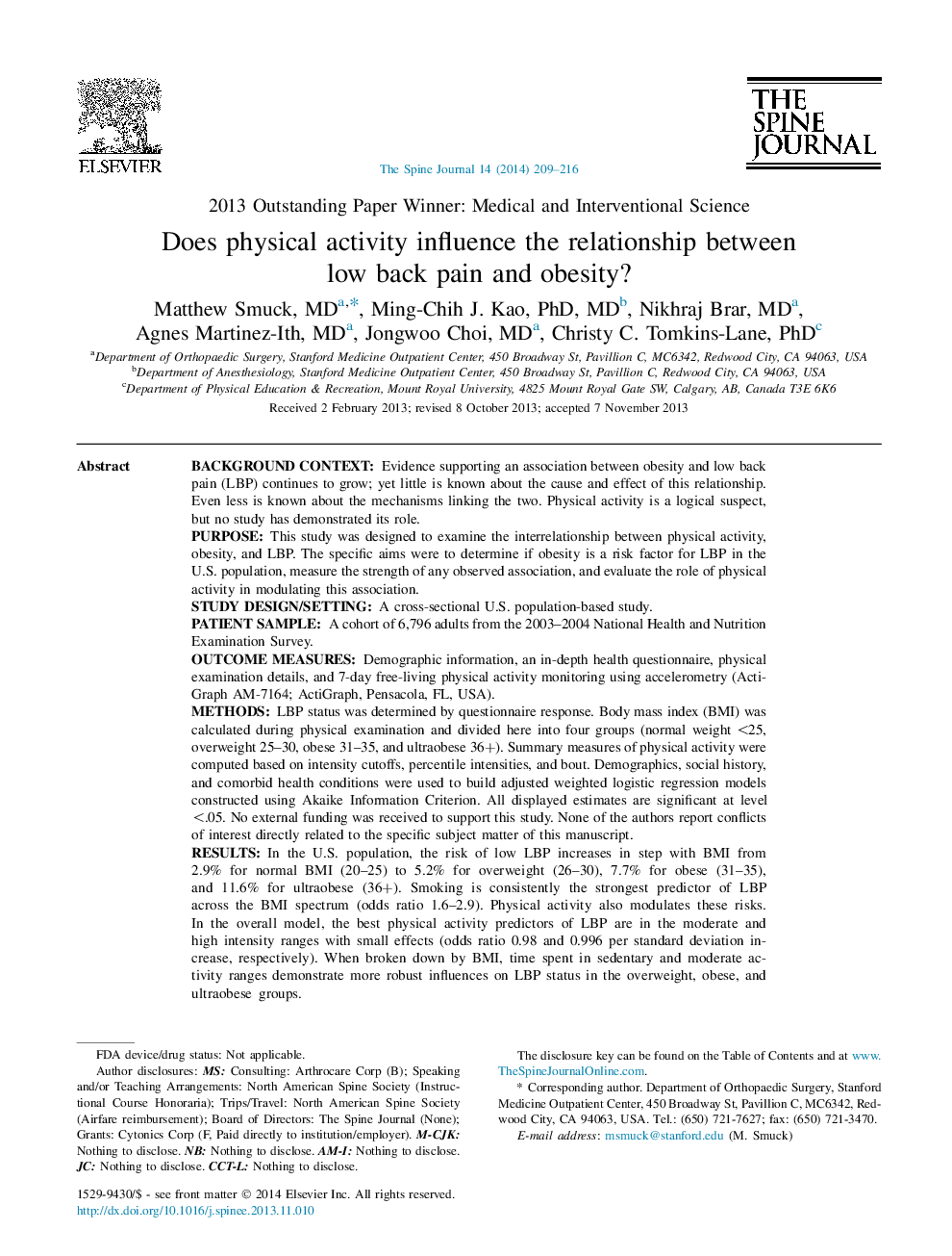 2013 Outstanding Paper Winner: Medical and Interventional ScienceDoes physical activity influence the relationship between low back pain and obesity?
