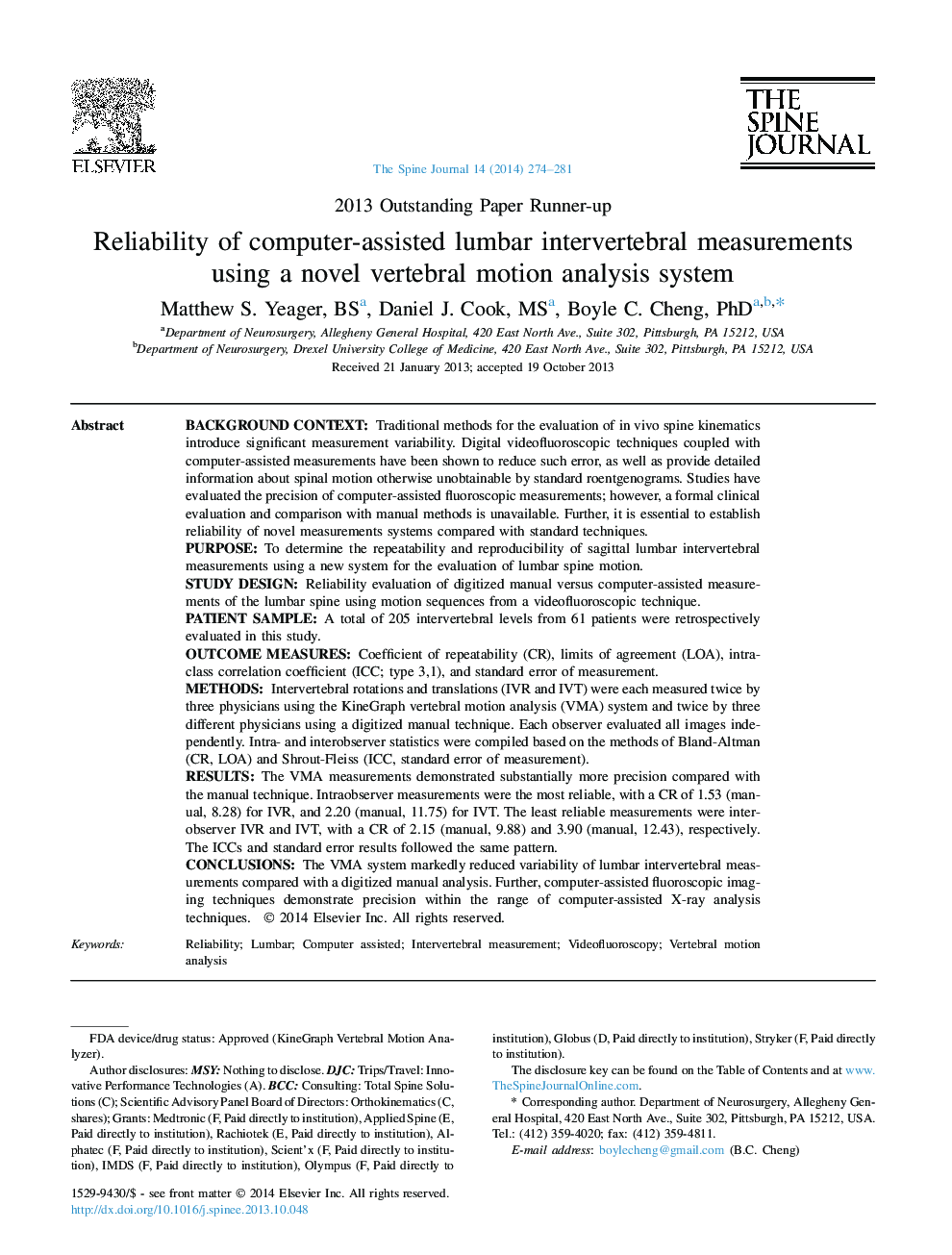 Reliability of computer-assisted lumbar intervertebral measurements using a novel vertebral motion analysis system