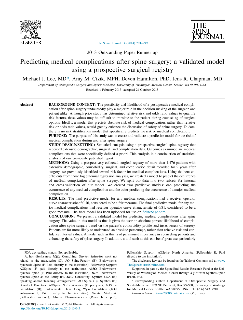 پیش بینی عوارض پزشکی پس از عمل جراحی ستون فقرات: یک مدل معتبر با استفاده از یک رجیستری جراحی آینده ای 