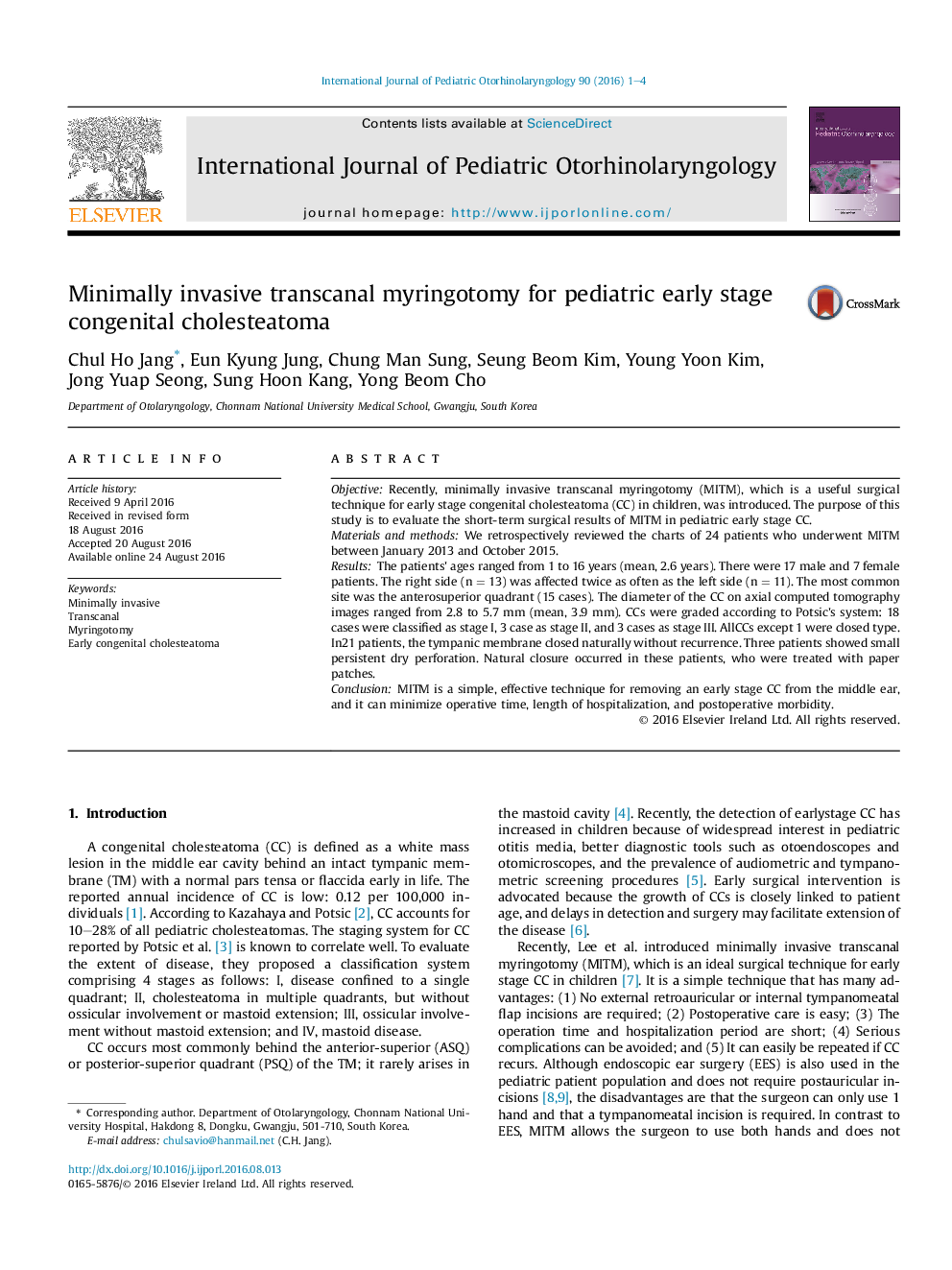 Minimally invasive transcanal myringotomy for pediatric early stage congenital cholesteatoma