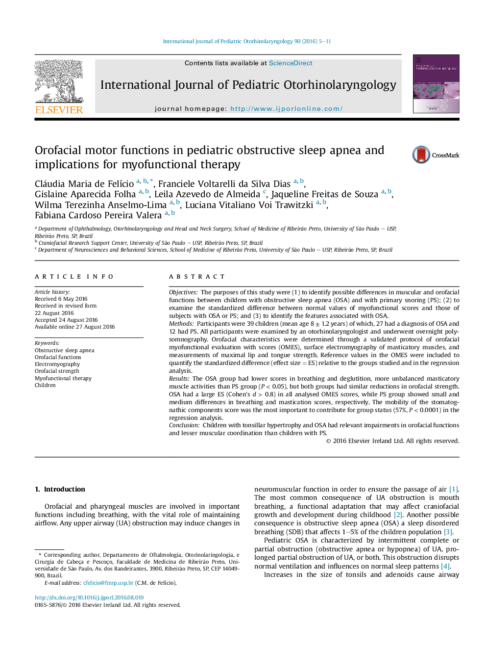 Orofacial motor functions in pediatric obstructive sleep apnea and implications for myofunctional therapy