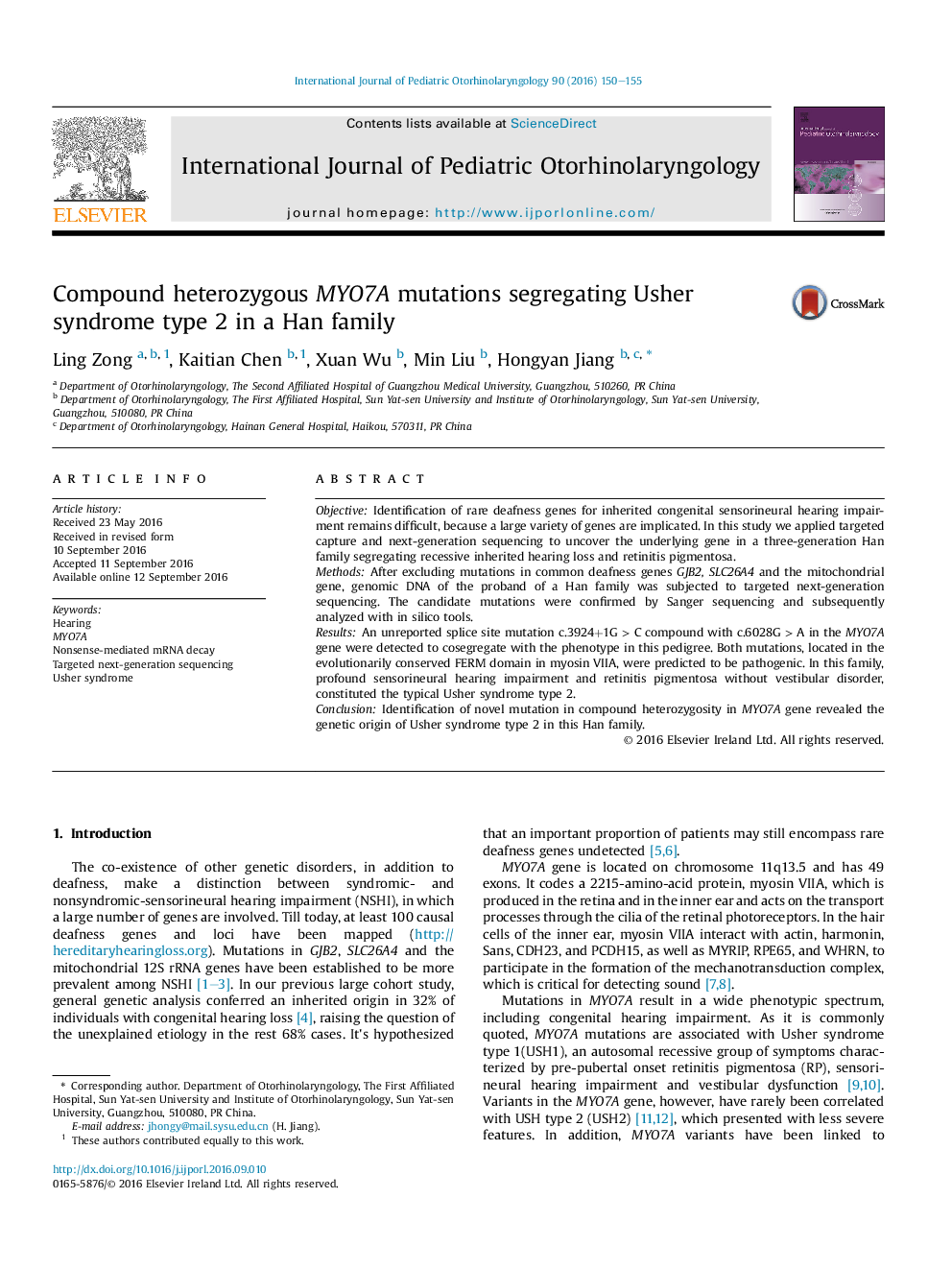 Compound heterozygous MYO7A mutations segregating Usher syndrome type 2 in a Han family