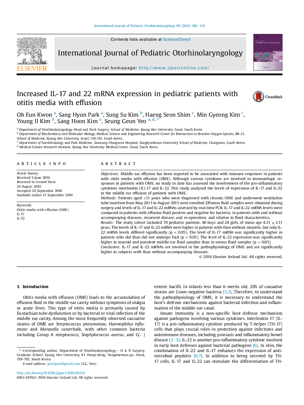 Increased IL-17 and 22 mRNA expression in pediatric patients with otitis media with effusion