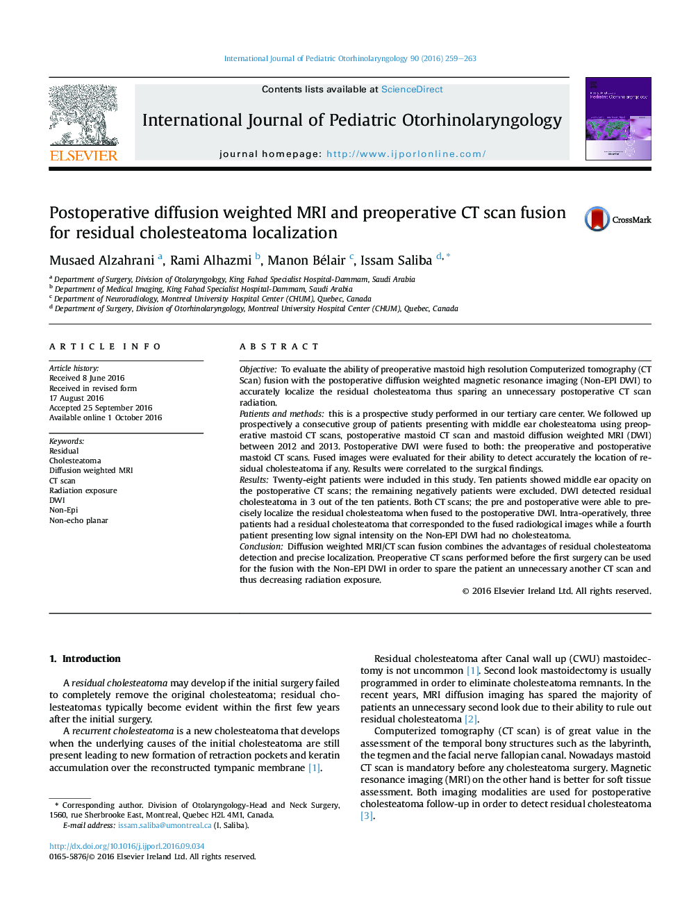 Postoperative diffusion weighted MRI and preoperative CT scan fusion for residual cholesteatoma localization