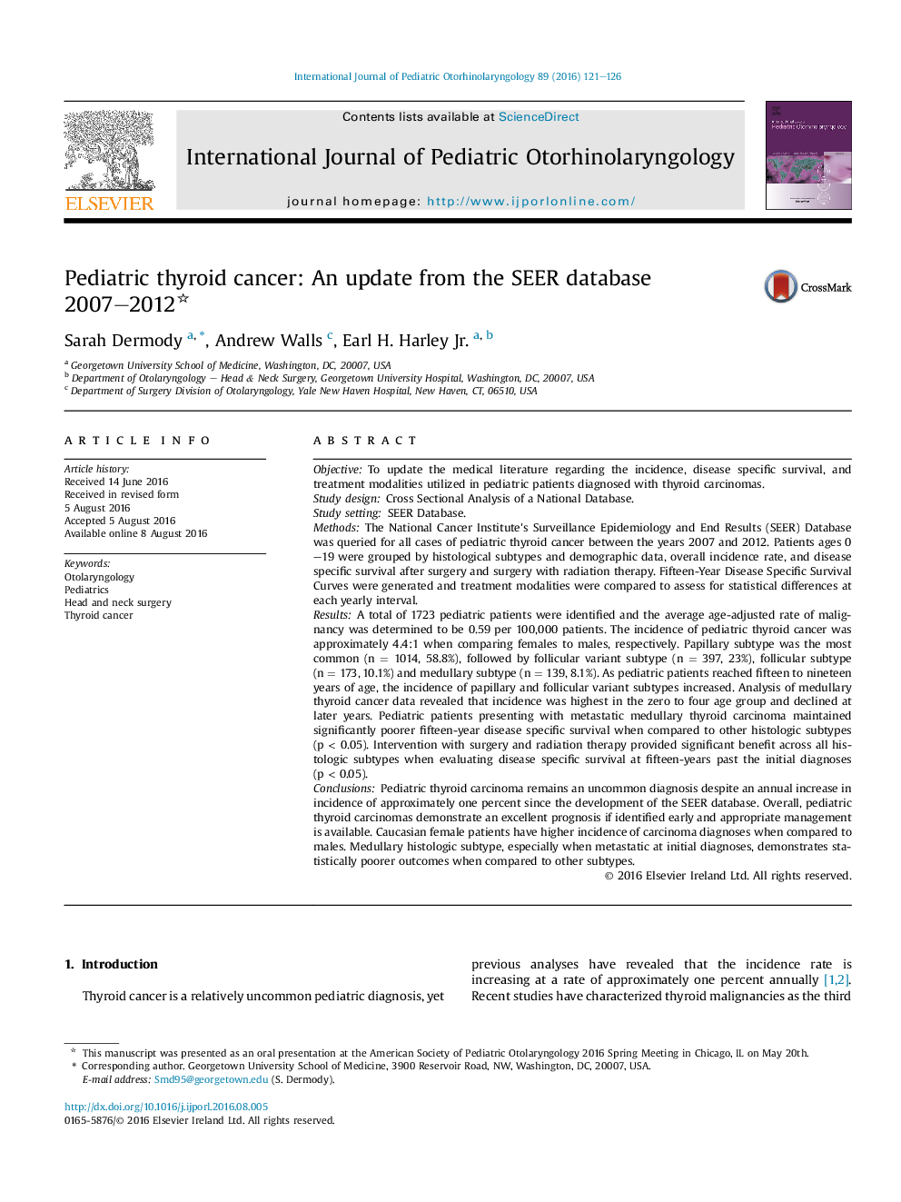 Pediatric thyroid cancer: An update from the SEER database 2007-2012