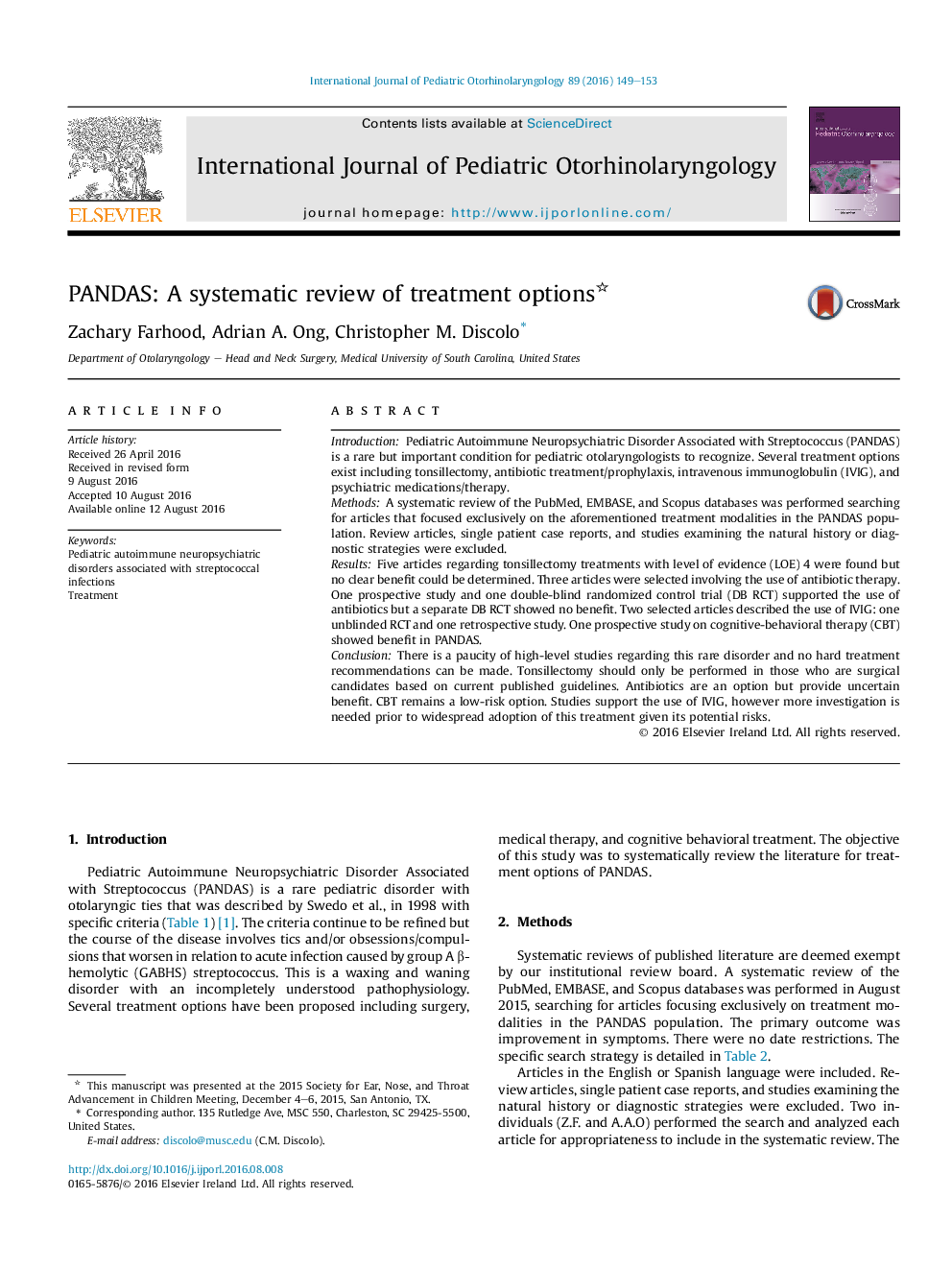 PANDAS: A systematic review of treatment options