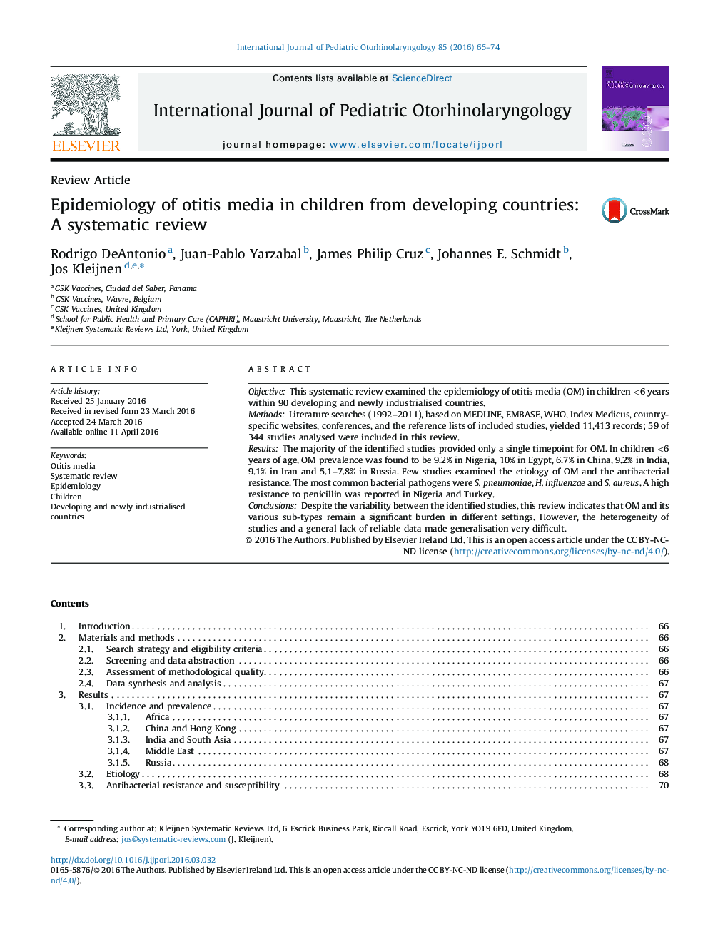Epidemiology of otitis media in children from developing countries: A systematic review