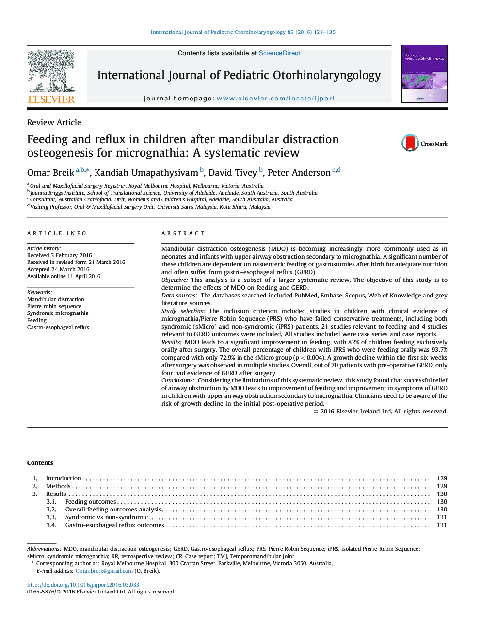 Feeding and reflux in children after mandibular distraction osteogenesis for micrognathia: A systematic review