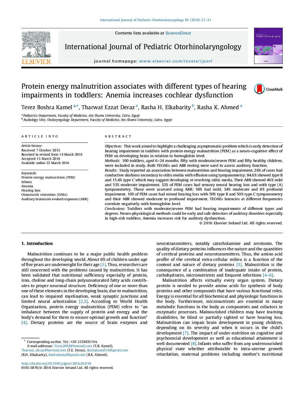 Protein energy malnutrition associates with different types of hearing impairments in toddlers: Anemia increases cochlear dysfunction