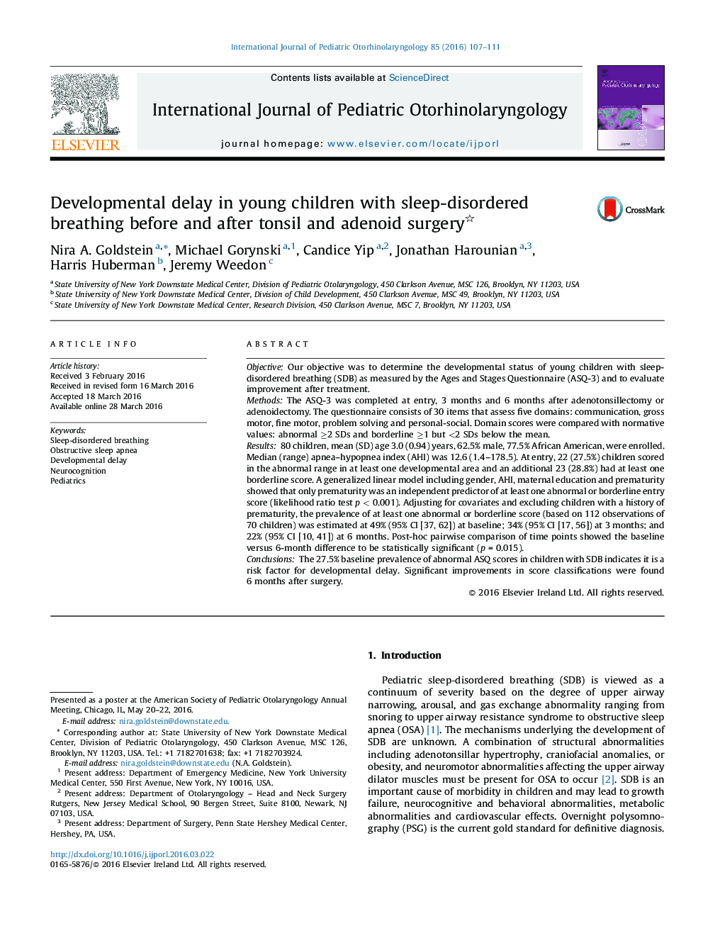 Developmental delay in young children with sleep-disordered breathing before and after tonsil and adenoid surgery
