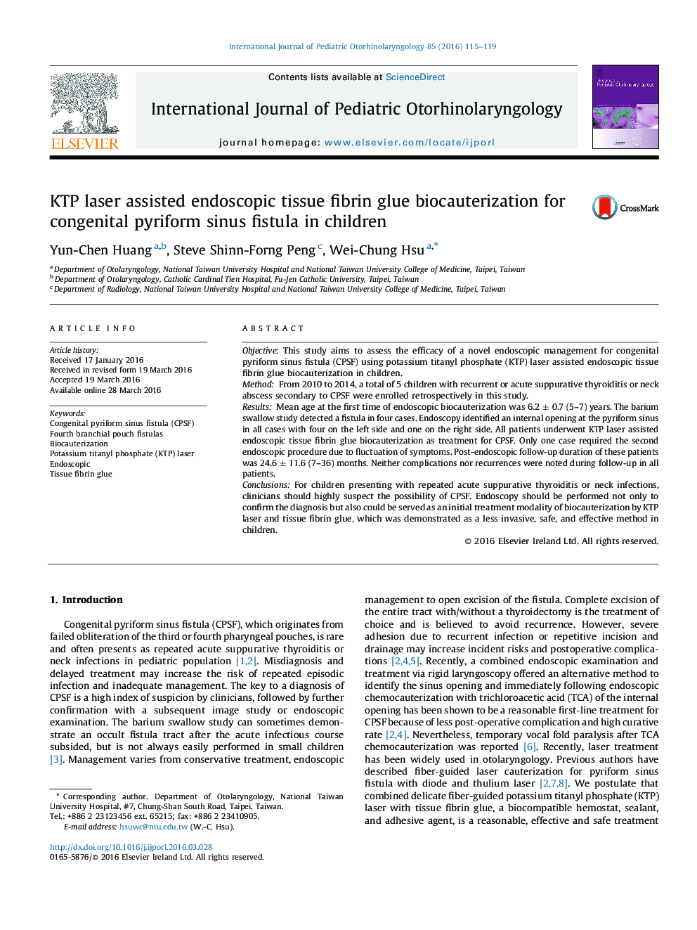 KTP laser assisted endoscopic tissue fibrin glue biocauterization for congenital pyriform sinus fistula in children