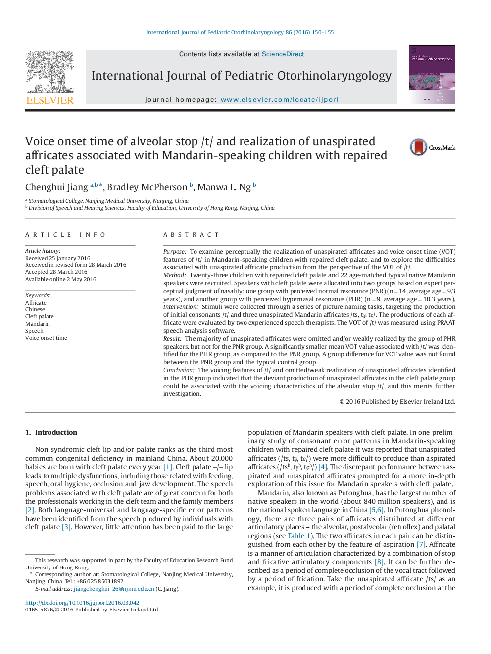 Voice onset time of alveolar stop /t/ and realization of unaspirated affricates associated with Mandarin-speaking children with repaired cleft palate