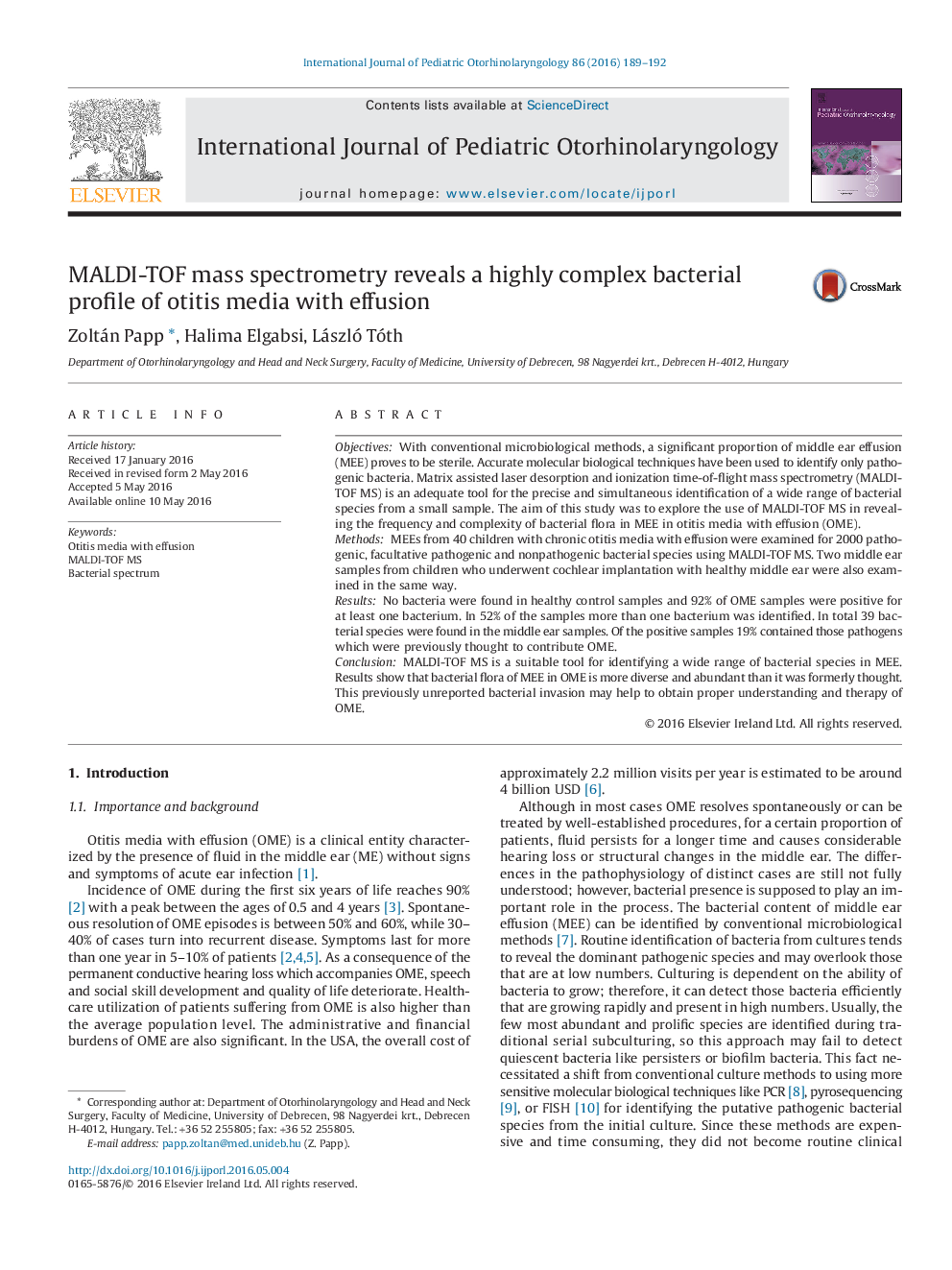 MALDI-TOF mass spectrometry reveals a highly complex bacterial profile of otitis media with effusion