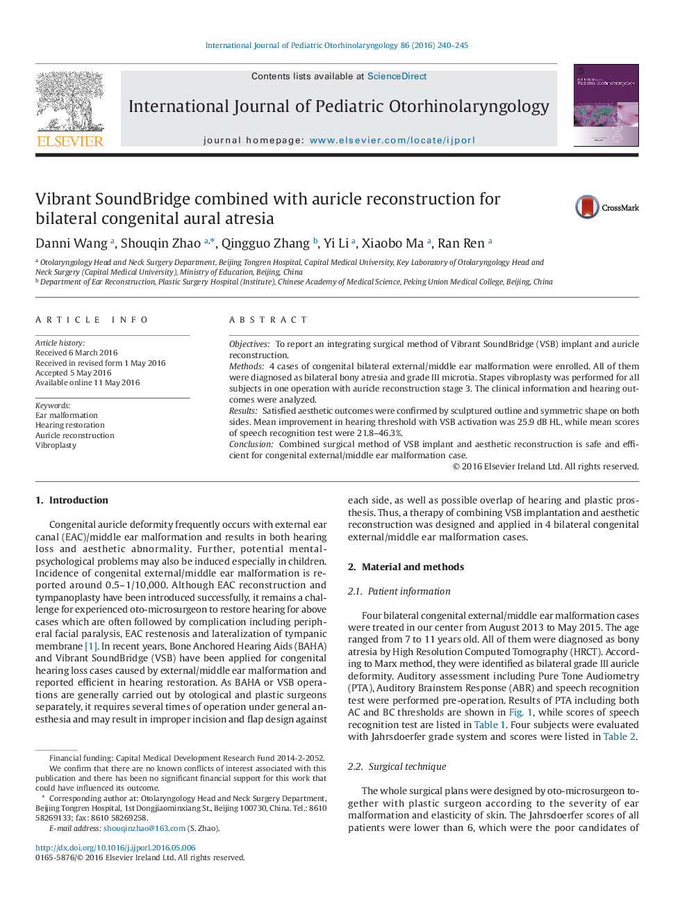 Vibrant SoundBridge combined with auricle reconstruction for bilateral congenital aural atresia