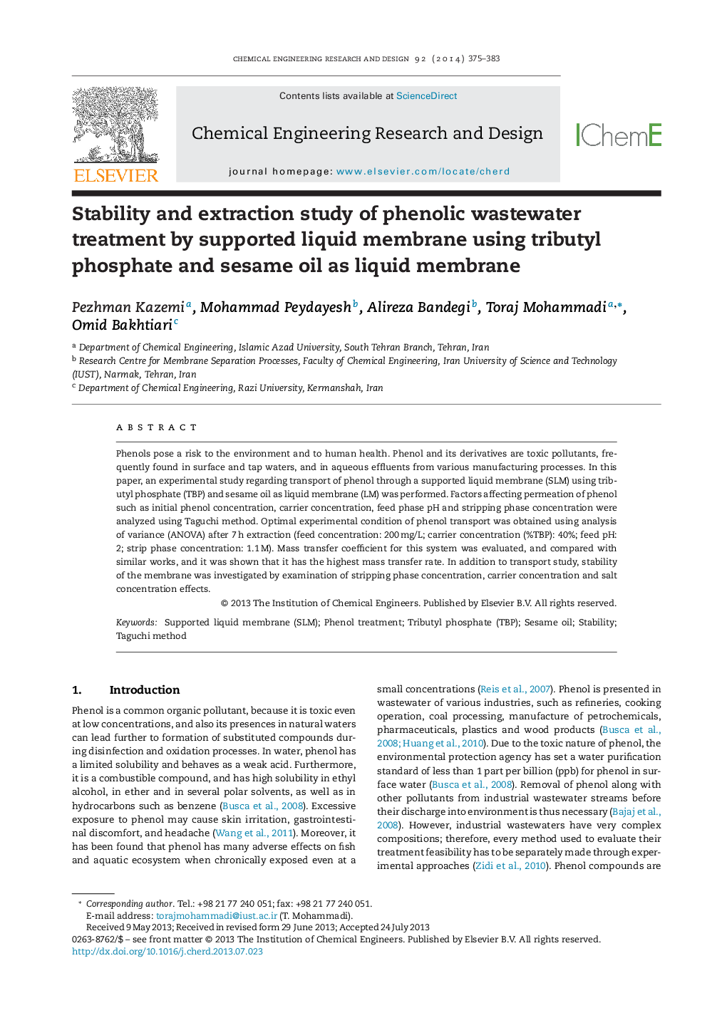 Stability and extraction study of phenolic wastewater treatment by supported liquid membrane using tributyl phosphate and sesame oil as liquid membrane