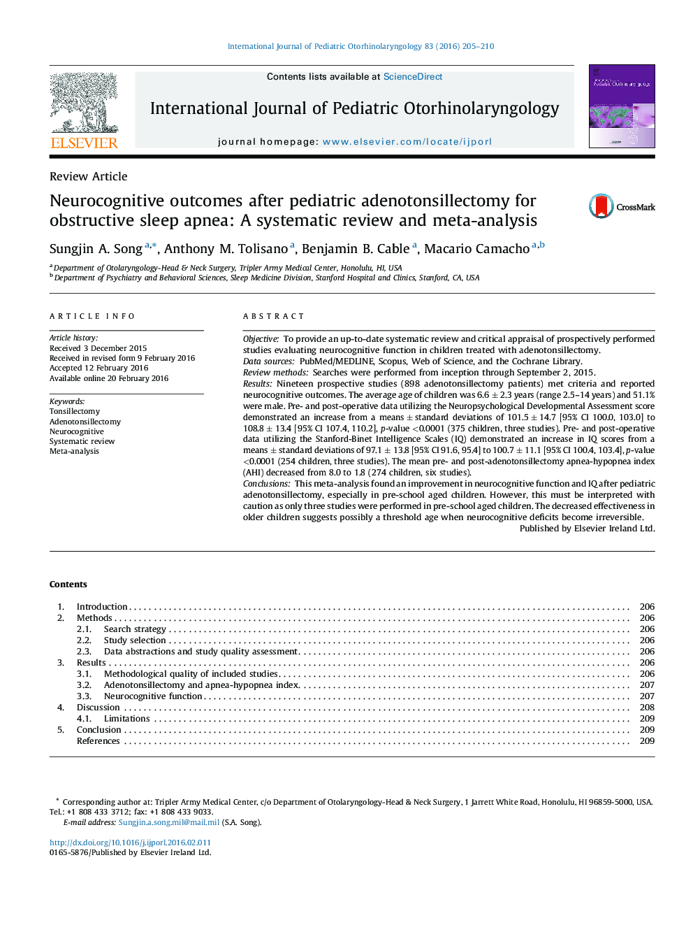 Neurocognitive outcomes after pediatric adenotonsillectomy for obstructive sleep apnea: A systematic review and meta-analysis