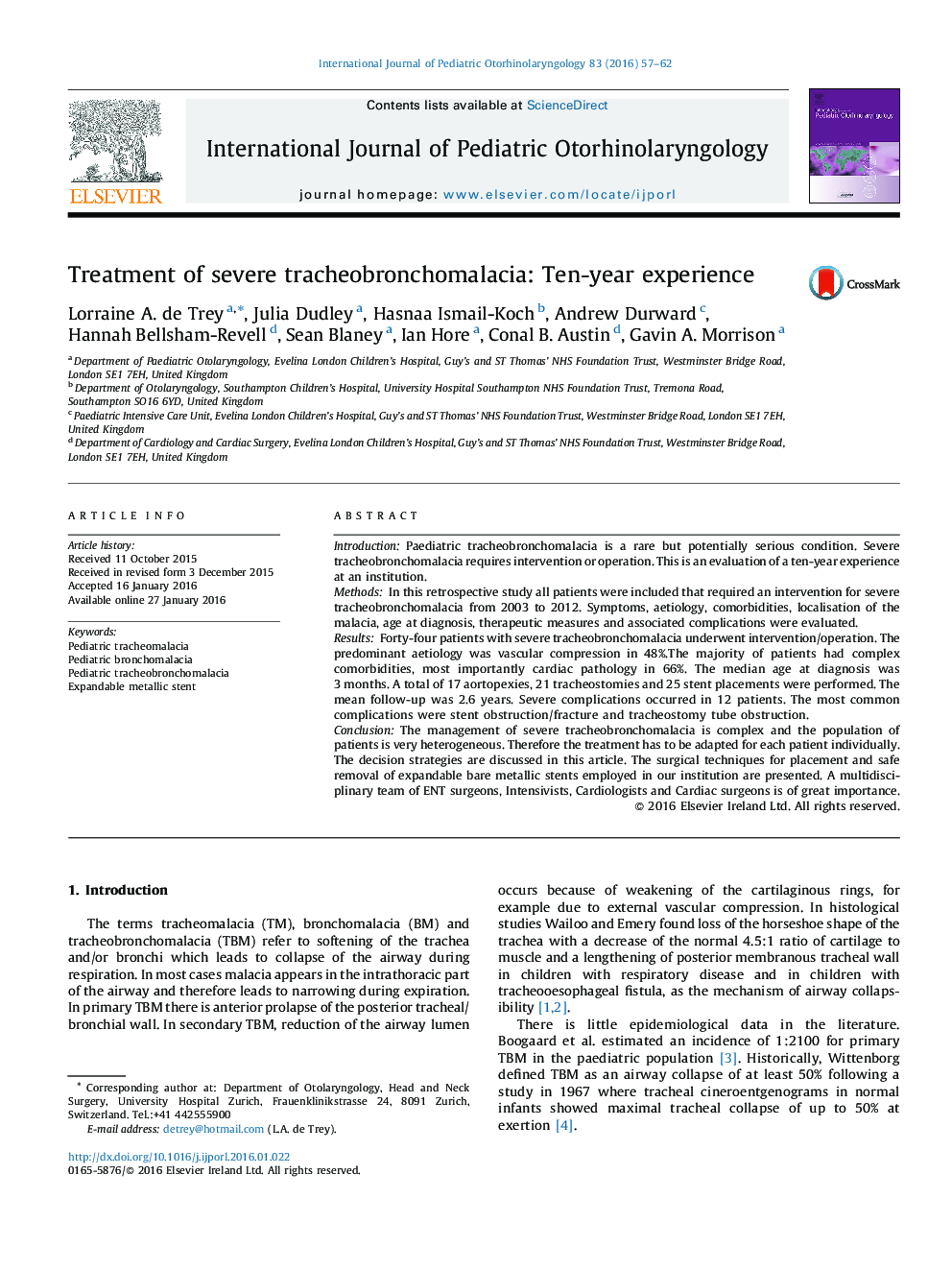 Treatment of severe tracheobronchomalacia: Ten-year experience