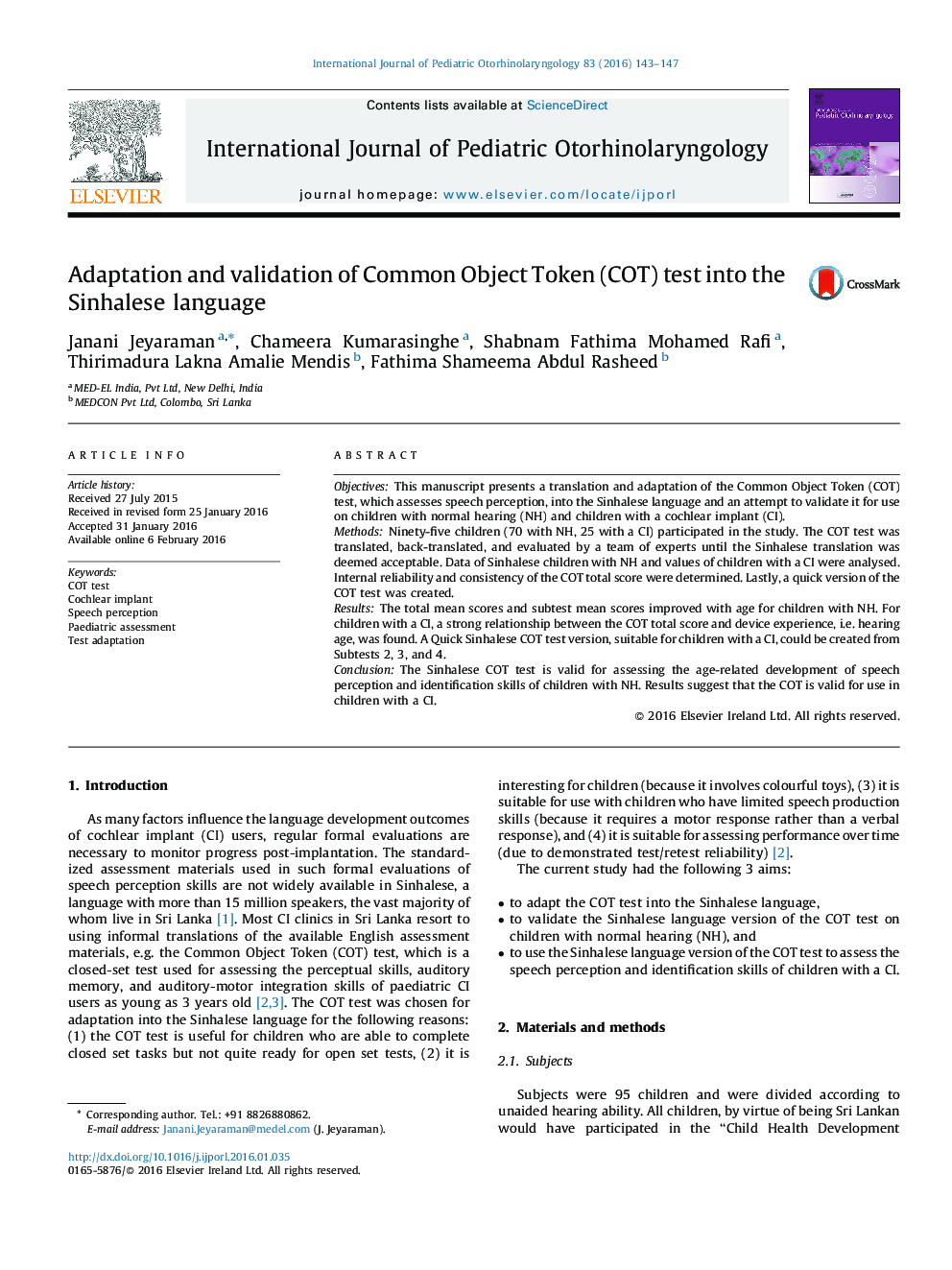 Adaptation and validation of Common Object Token (COT) test into the Sinhalese language