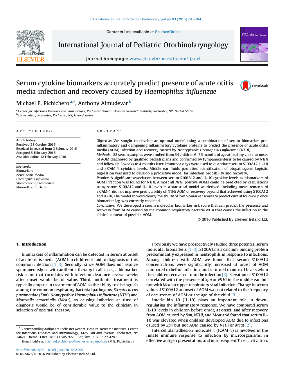 Serum cytokine biomarkers accurately predict presence of acute otitis media infection and recovery caused by Haemophilus influenzae