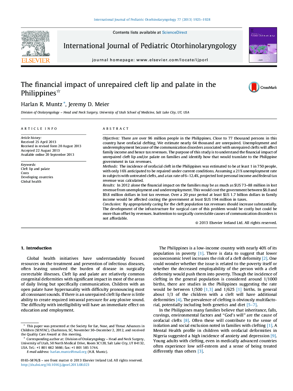 The financial impact of unrepaired cleft lip and palate in the Philippines