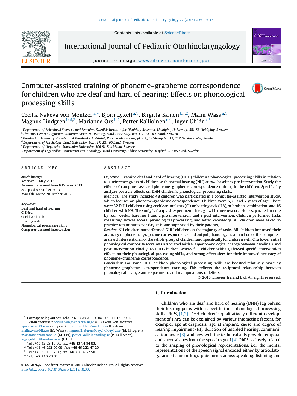 Computer-assisted training of phoneme-grapheme correspondence for children who are deaf and hard of hearing: Effects on phonological processing skills