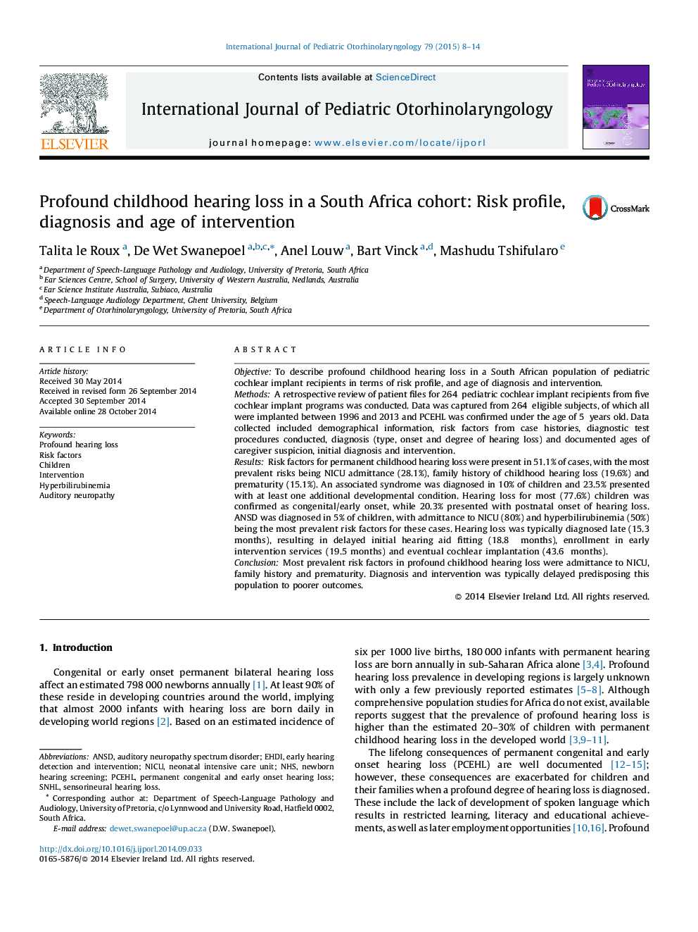 Profound childhood hearing loss in a South Africa cohort: Risk profile, diagnosis and age of intervention