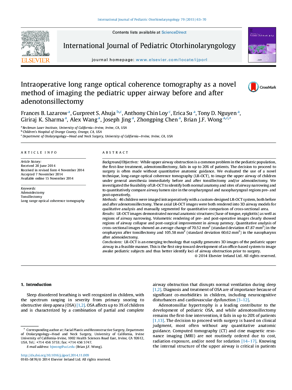 Intraoperative long range optical coherence tomography as a novel method of imaging the pediatric upper airway before and after adenotonsillectomy