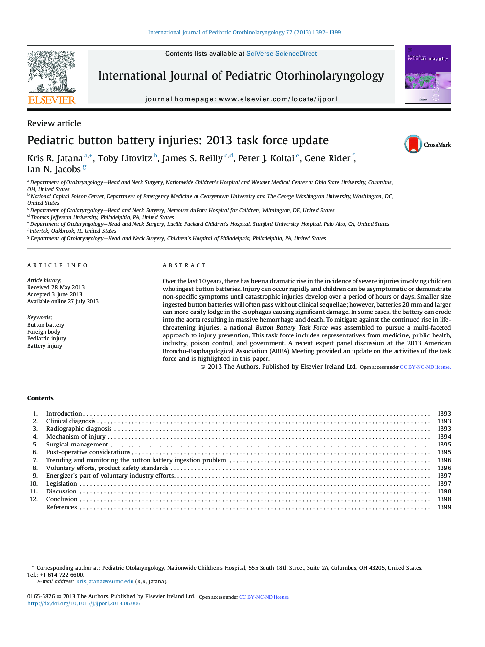 Pediatric button battery injuries: 2013 task force update