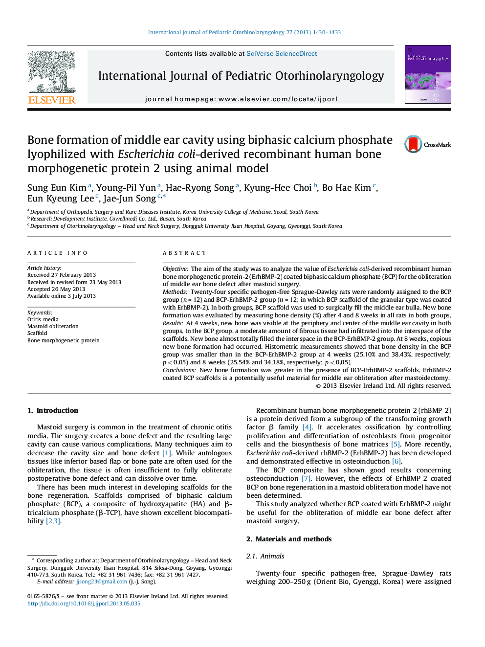 Bone formation of middle ear cavity using biphasic calcium phosphate lyophilized with Escherichia coli-derived recombinant human bone morphogenetic protein 2 using animal model