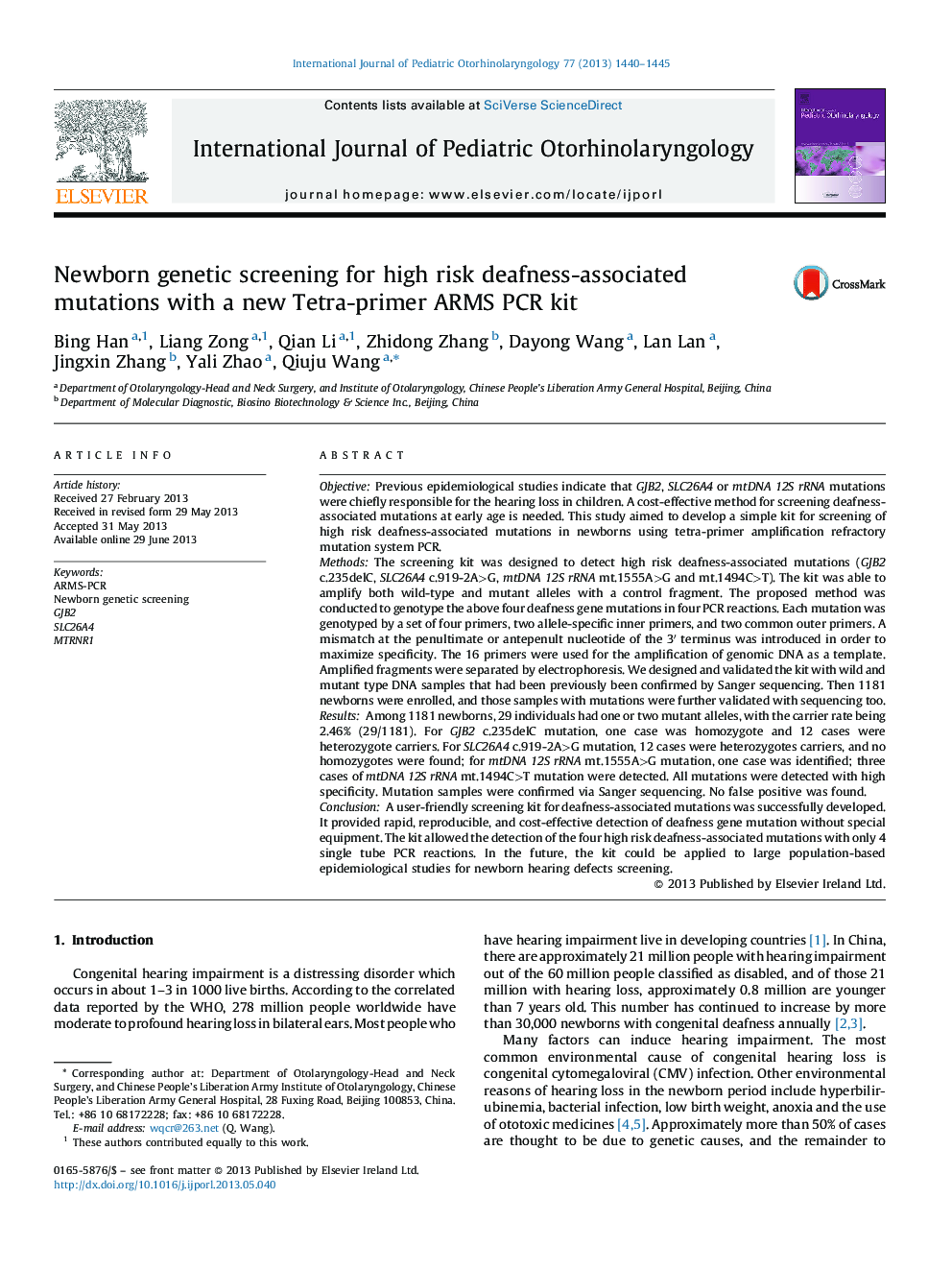 Newborn genetic screening for high risk deafness-associated mutations with a new Tetra-primer ARMS PCR kit