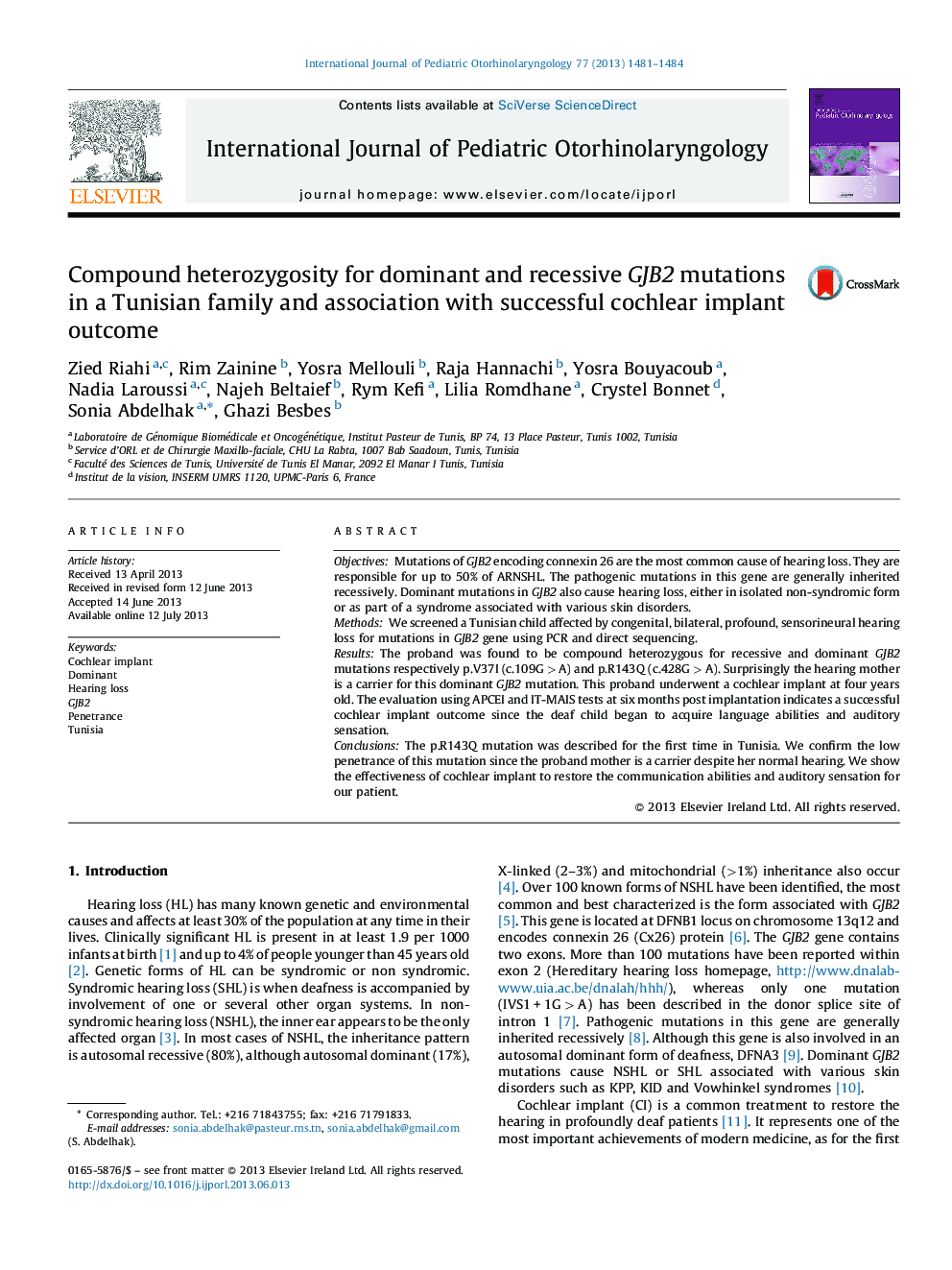 Compound heterozygosity for dominant and recessive GJB2 mutations in a Tunisian family and association with successful cochlear implant outcome