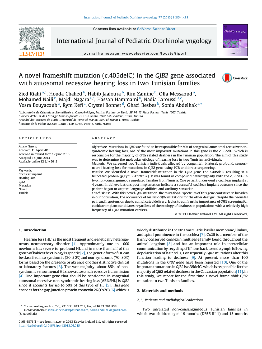 A novel frameshift mutation (c.405delC) in the GJB2 gene associated with autosomal recessive hearing loss in two Tunisian families