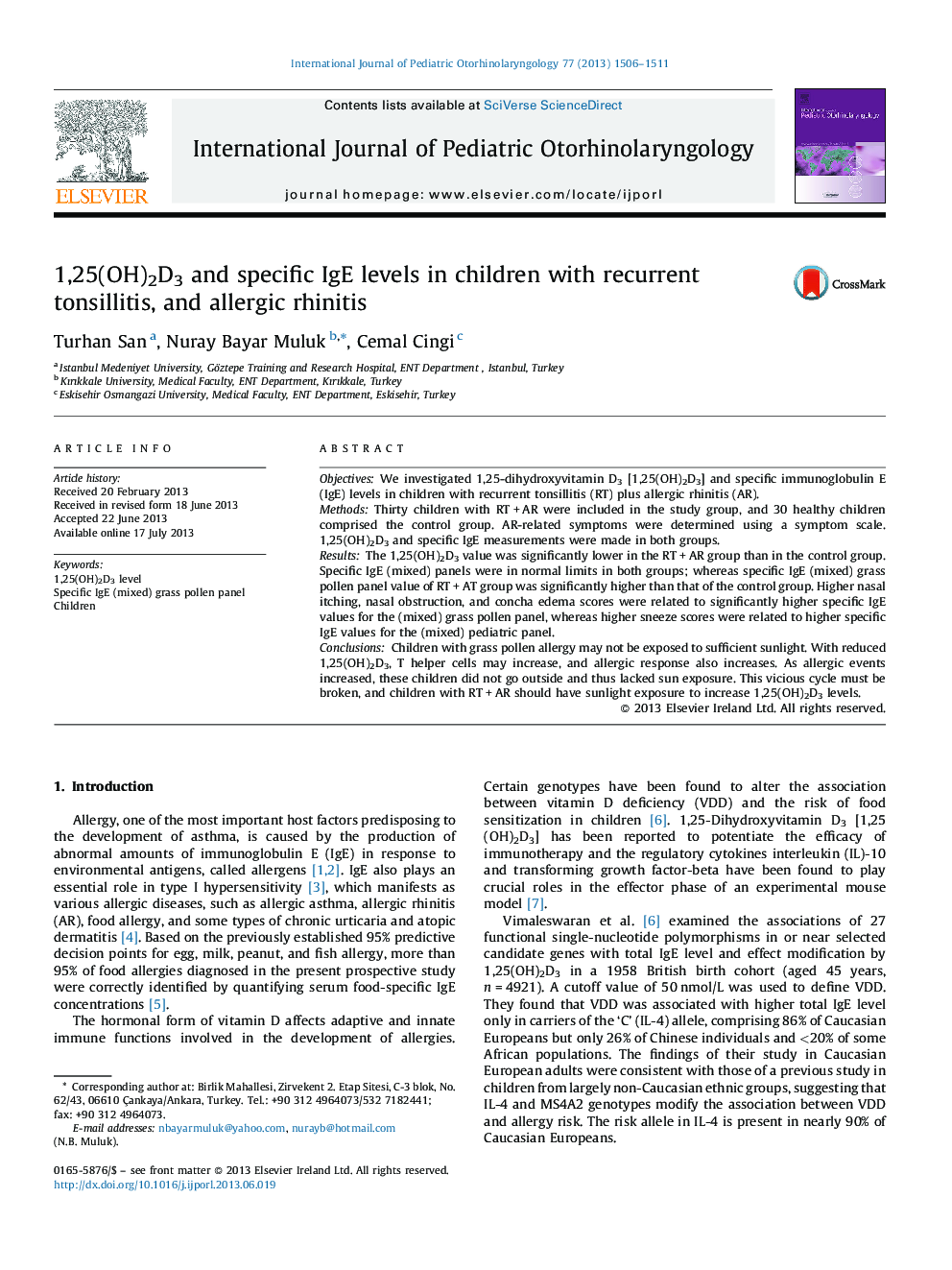 1,25(OH)2D3 and specific IgE levels in children with recurrent tonsillitis, and allergic rhinitis