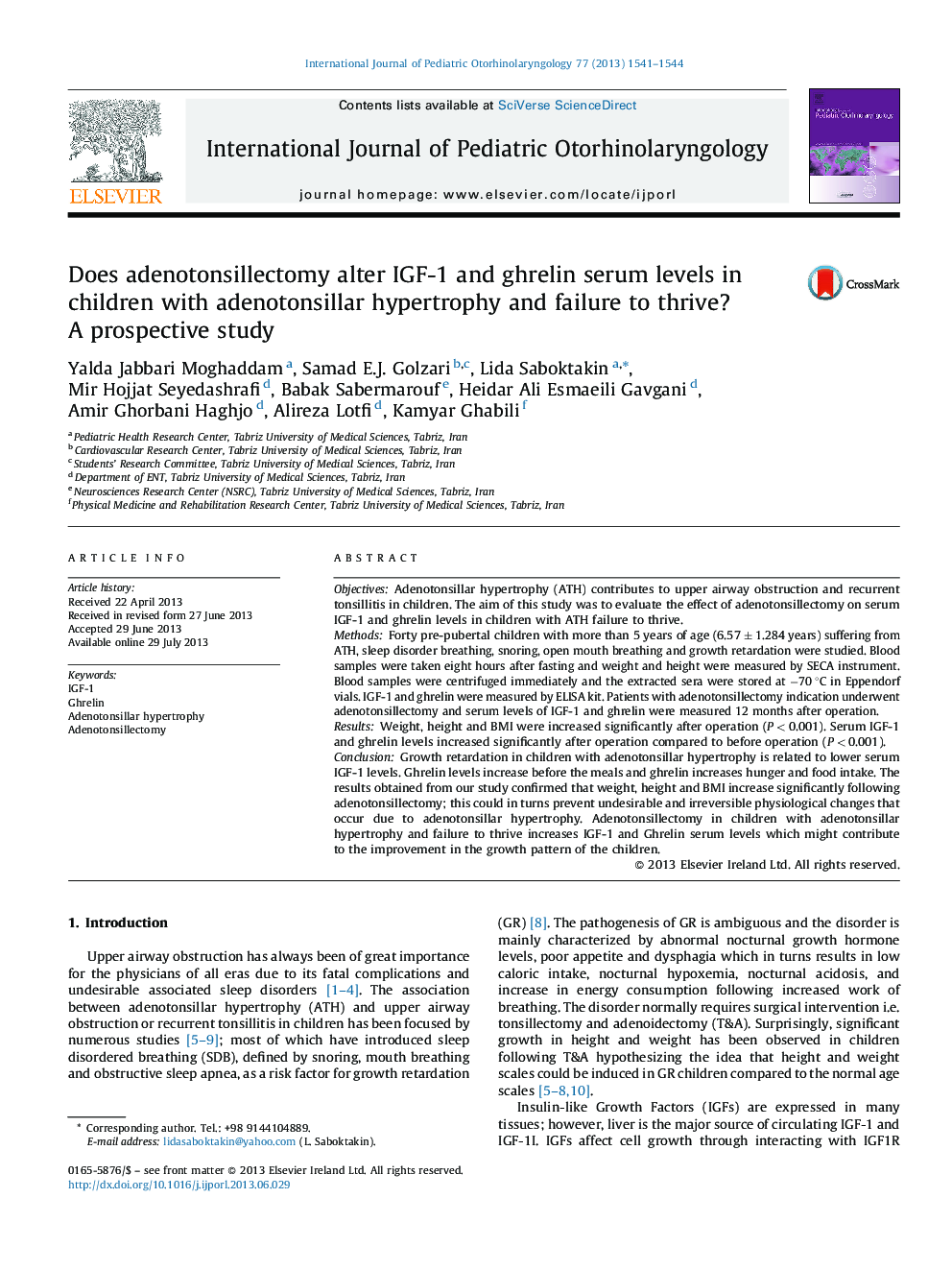 Does adenotonsillectomy alter IGF-1 and ghrelin serum levels in children with adenotonsillar hypertrophy and failure to thrive? A prospective study