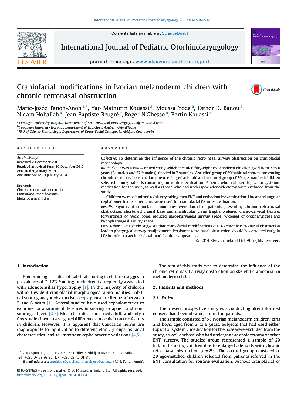 Craniofacial modifications in Ivorian melanoderm children with chronic retronasal obstruction