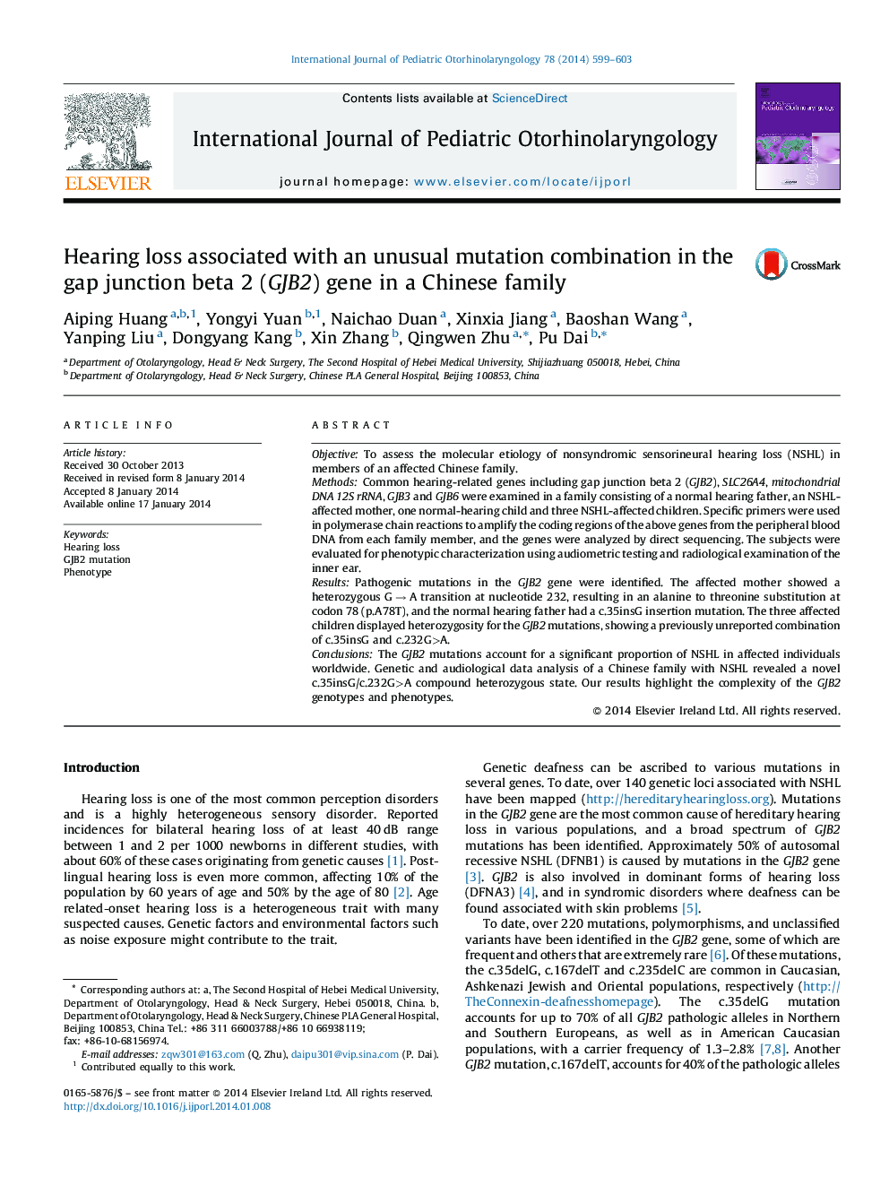 Hearing loss associated with an unusual mutation combination in the gap junction beta 2 (GJB2) gene in a Chinese family