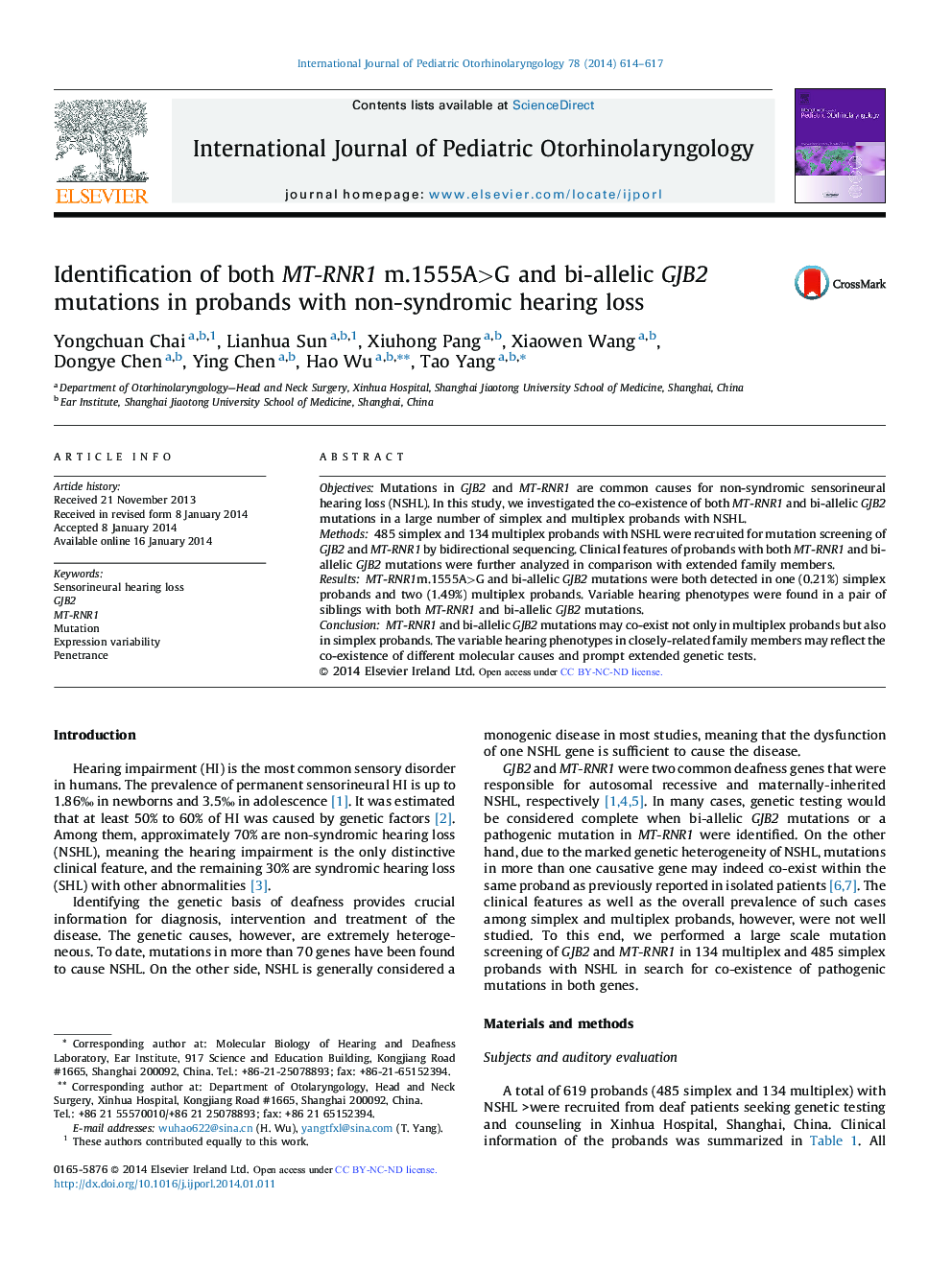 Identification of both MT-RNR1 m.1555A>G and bi-allelic GJB2 mutations in probands with non-syndromic hearing loss