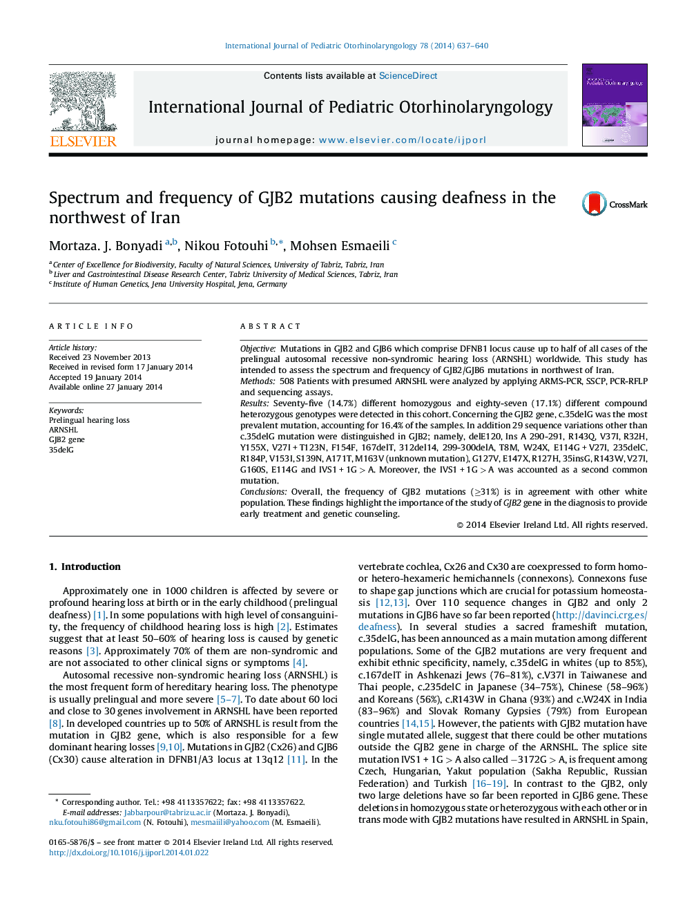 Spectrum and frequency of GJB2 mutations causing deafness in the northwest of Iran