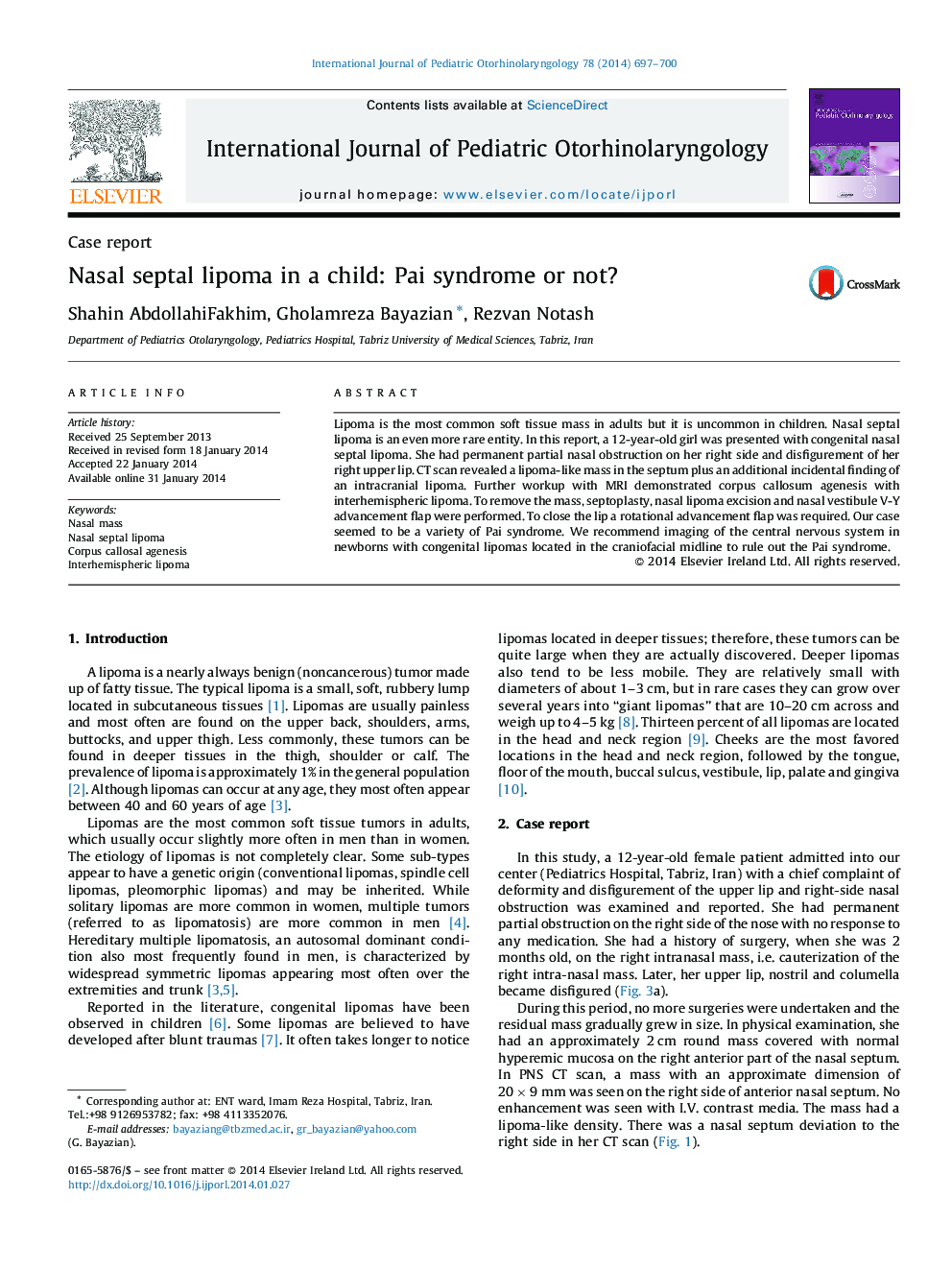 Nasal septal lipoma in a child: Pai syndrome or not?