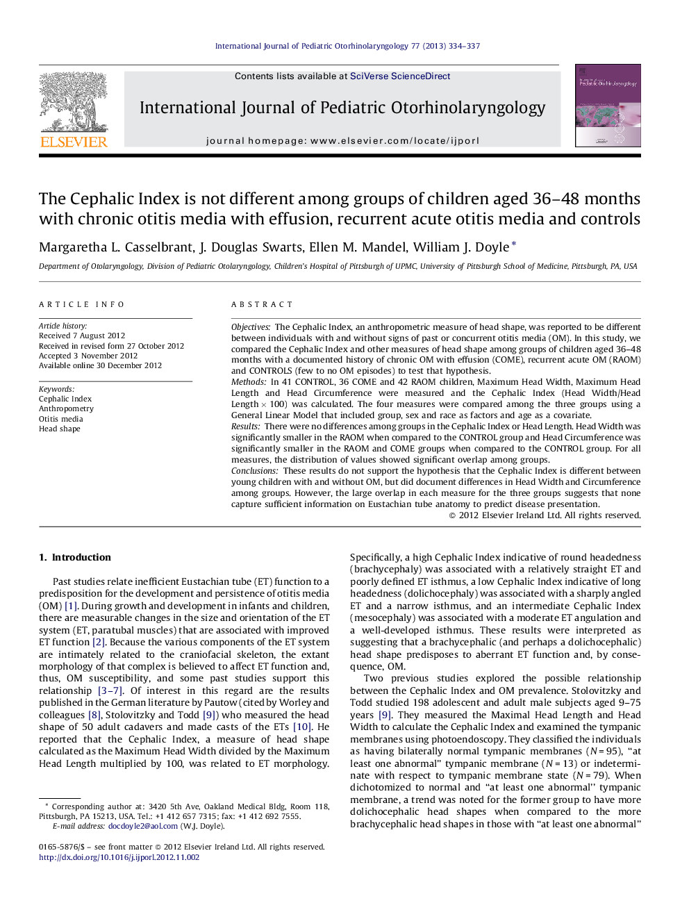 The Cephalic Index is not different among groups of children aged 36-48 months with chronic otitis media with effusion, recurrent acute otitis media and controls