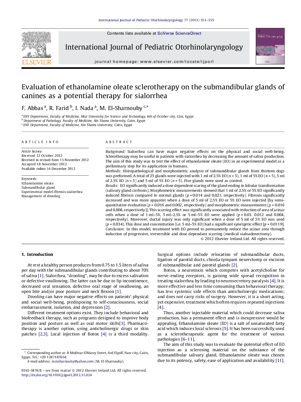 Evaluation of ethanolamine oleate sclerotherapy on the submandibular glands of canines as a potential therapy for sialorrhea